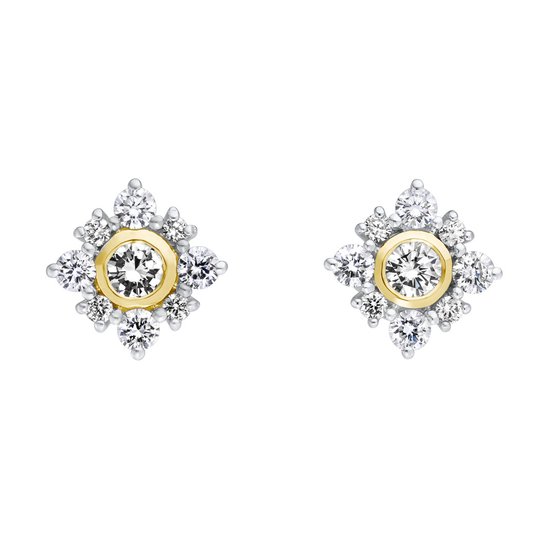 0.18ct Startburst Natural Fancy Blue Yellow Round Brilliant Cut Cluster Earring