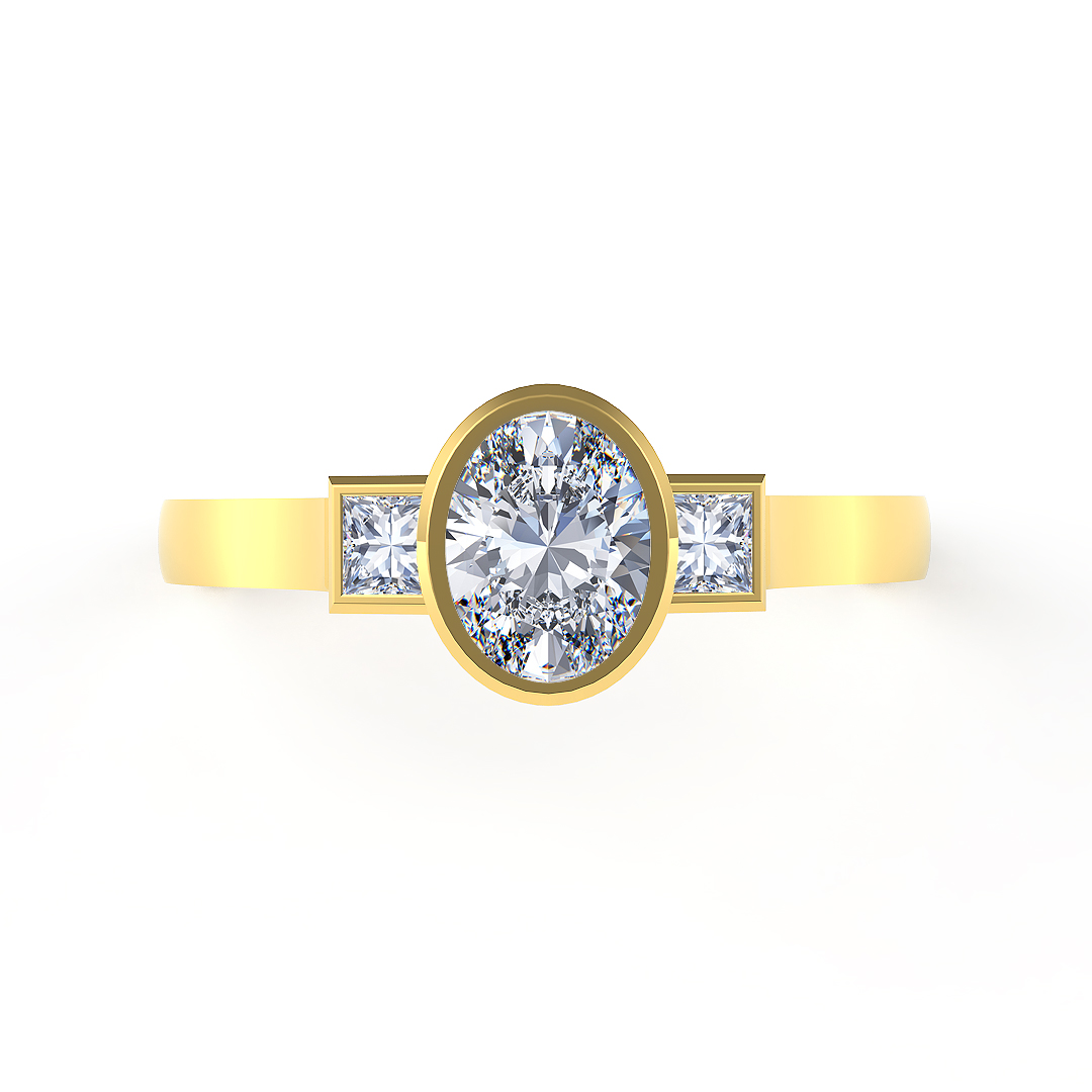 0.28ct Three Stone Oval Diamond & Carre Cut 18ct Yellow Gold Rub Over Engagement Ring