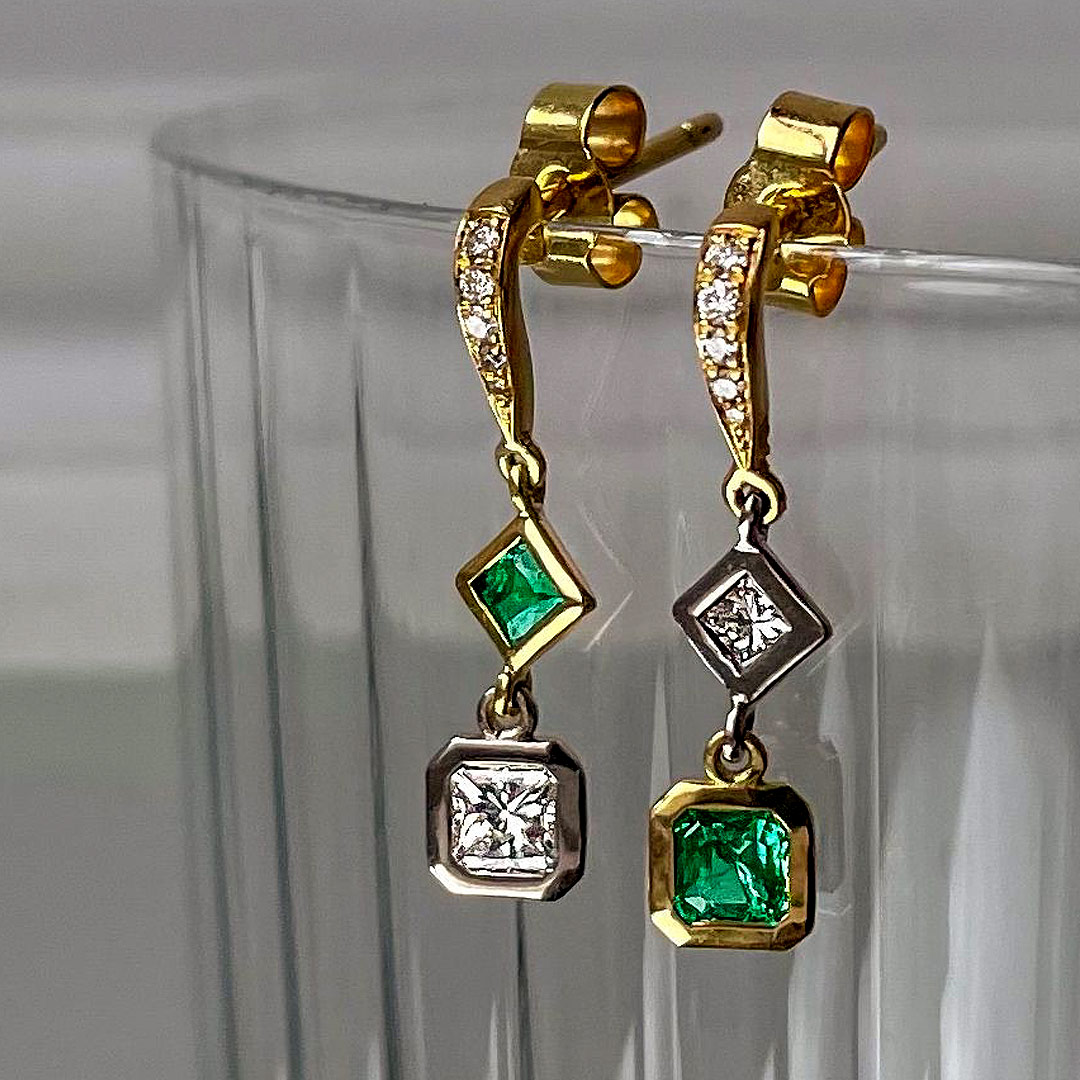 0.29ct Emeralds & 0.32ct Diamonds 18ct Yellow Gold & Platinum Earrings