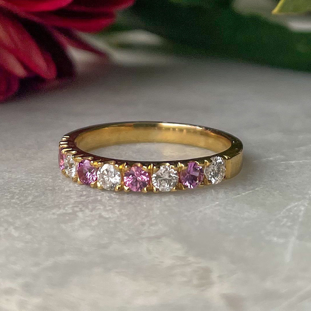 0.30ct Pink Sapphire & 0.37ct Diamond Nine Stone Castle Set 18ct Yellow Gold Eternity Ring