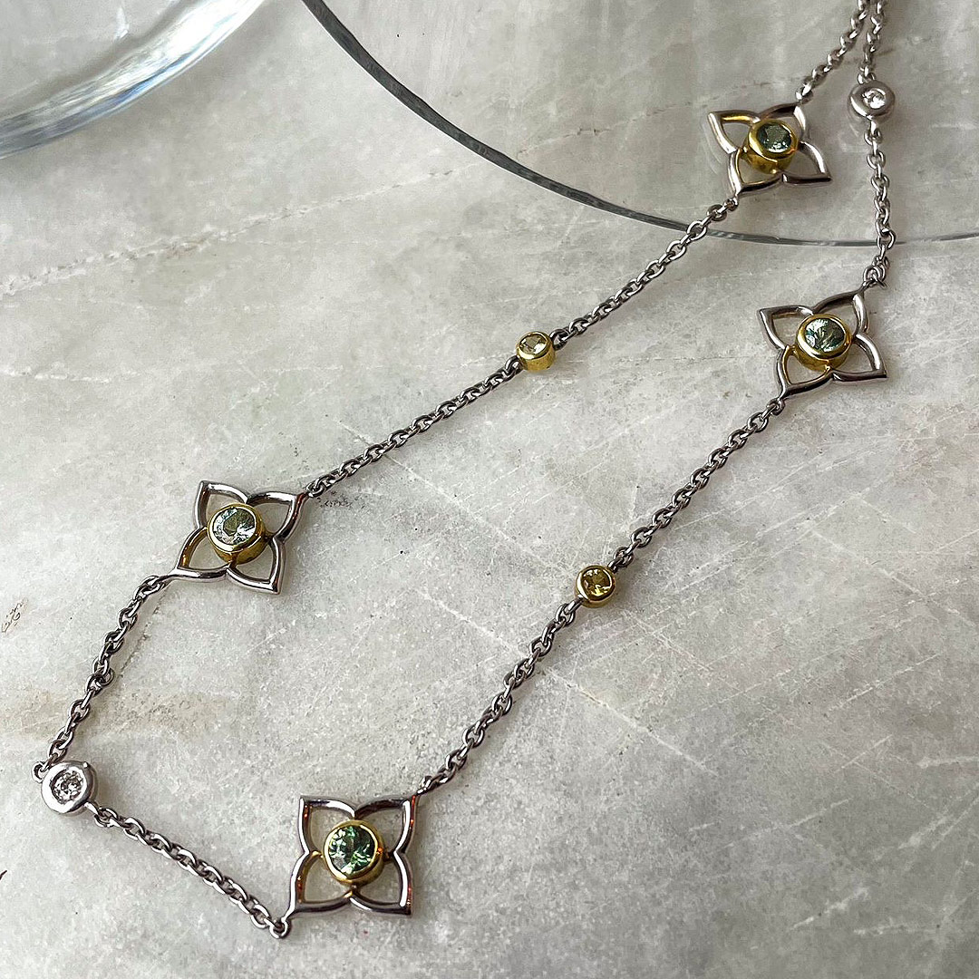 0.42ct Green & Yellow Sapphire Quatrefoil 18ct White Gold Necklace