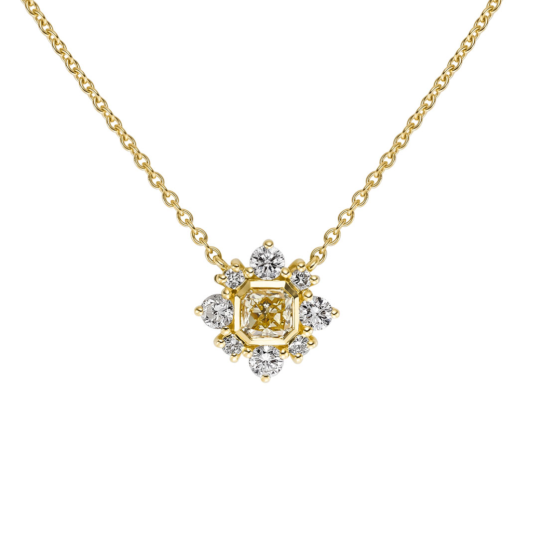 0.46ct Starburst Natural Yellow Radiant Diamond with Round Brilliant Cut Diamond Necklace