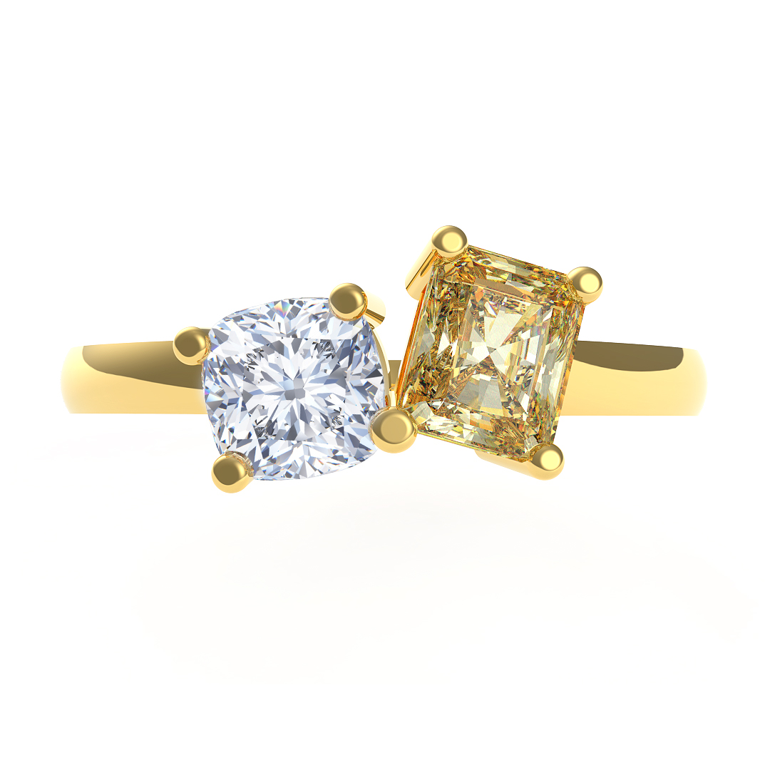 0.49ct Ursula Modified Brilliant Cushion Cut Diamond & Yellow Radiant Cut Diamond Two Stone 18ct Yellow Gold Engagement Ring