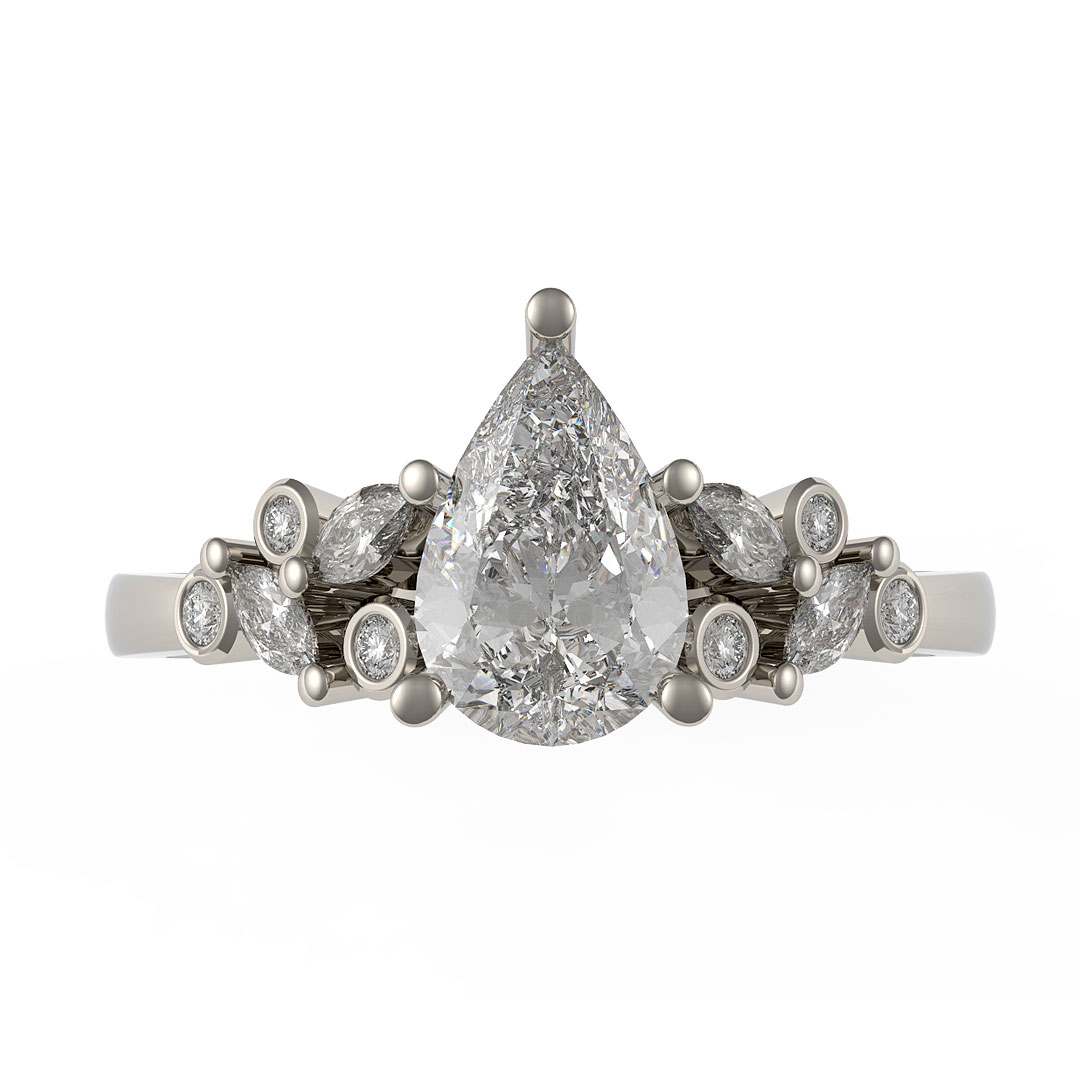 0.50ct Pear Cut Diamond With Marquise & RBC shoulders Platinum Solitaire Ring