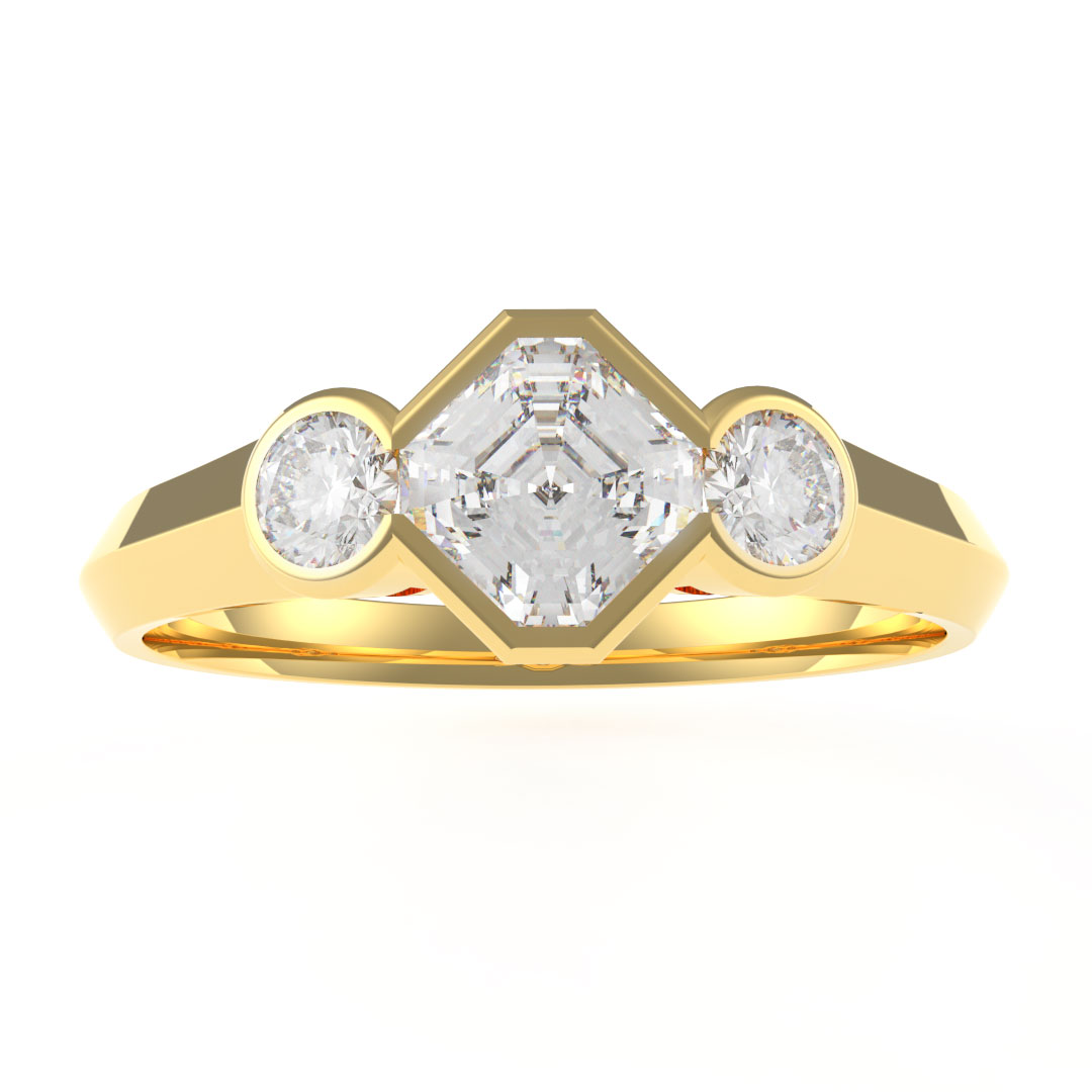 0.50ct Three Stone Asscher Cut Diamond & Round Brilliant Rub Over 18ct Yellow Gold Engagement Ring