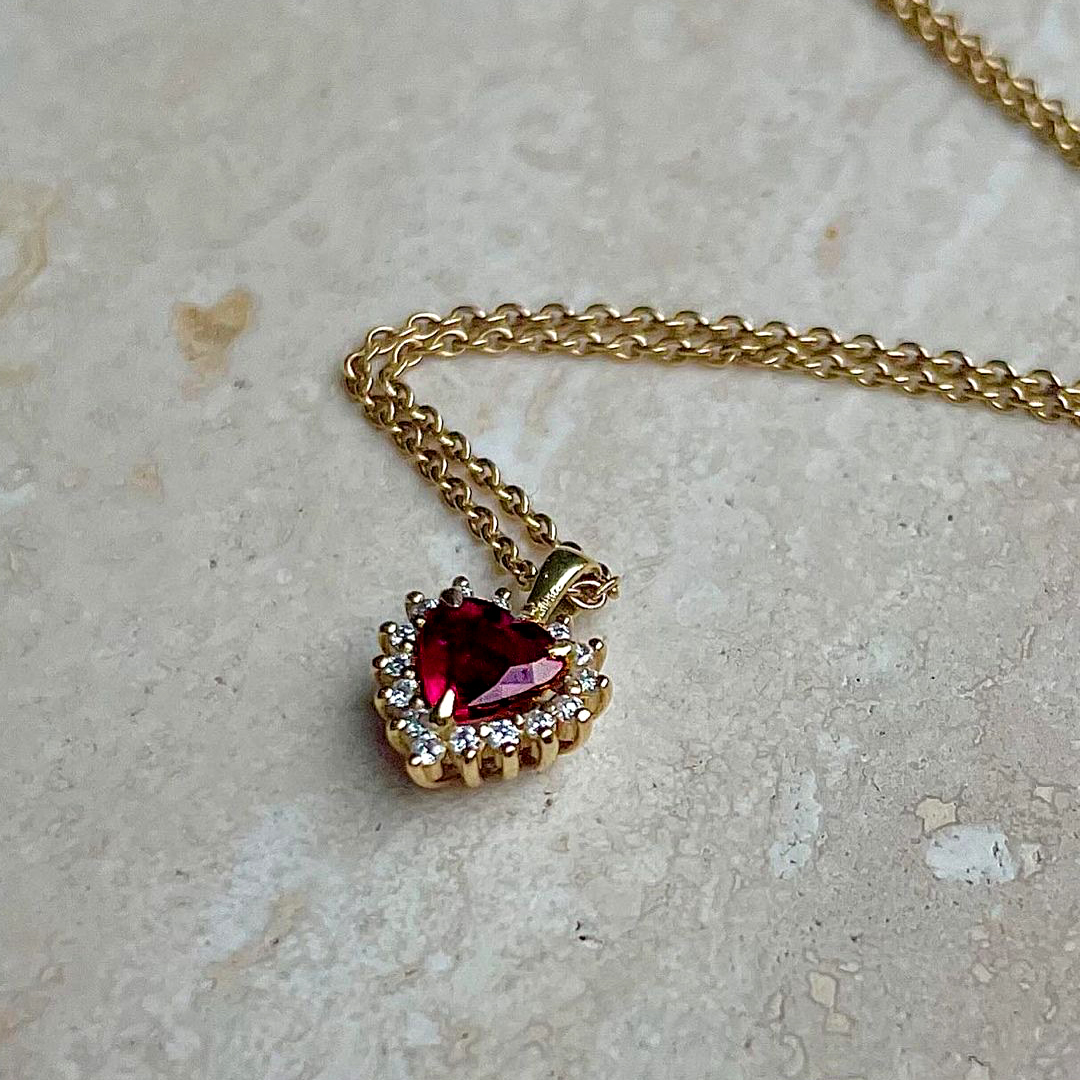 0.52ct Heart Ruby 0.11ct Diamond 18ct Yellow Gold Necklace