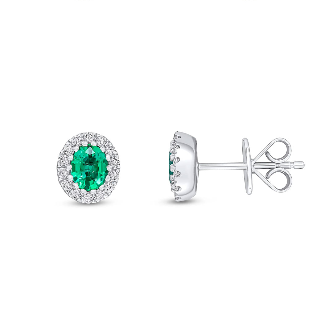 0.57ct Oval Emerald and 0.19ct Diamond Cluster 18ct White Gold Earrings