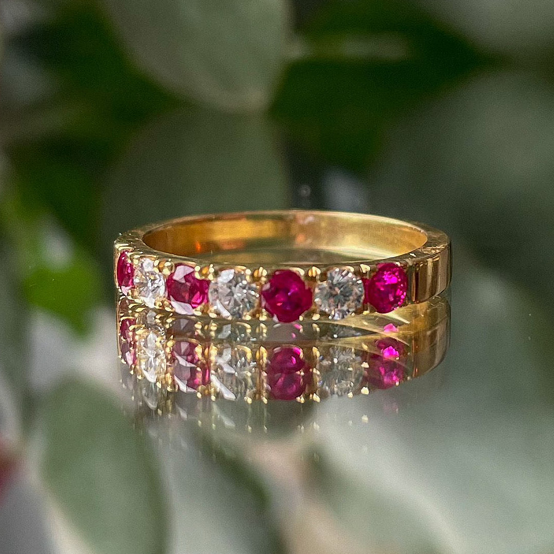 0.60ct Ruby & Diamond Seven Stone Castle Set 18ct Yellow Gold Eternity Ring