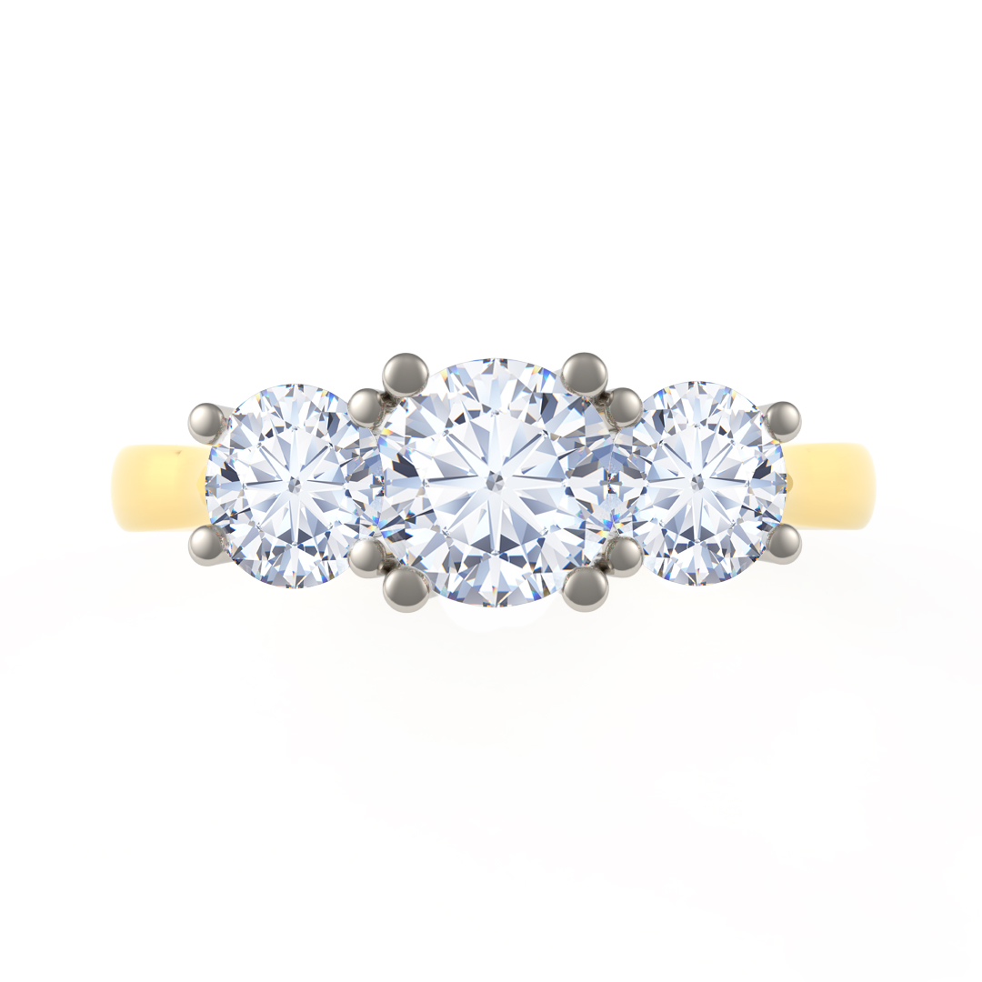 0.61ct Catherine Round Brilliant Diamond Cut Three Stone No Rail Center 18ct Yellow Gold & Platinum Head Ring