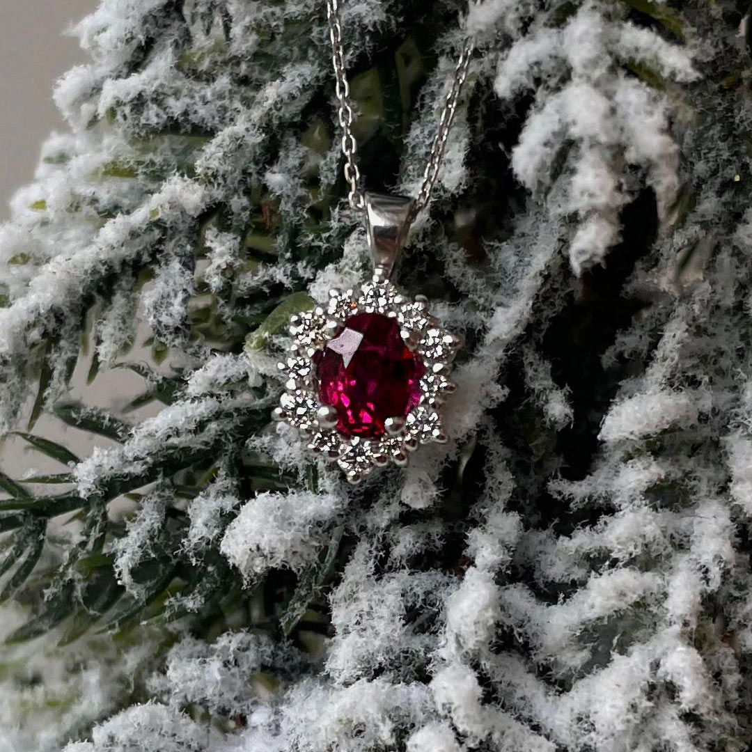 0.75ct Oval Ruby & Diamond Halo 18ct White Gold Necklace