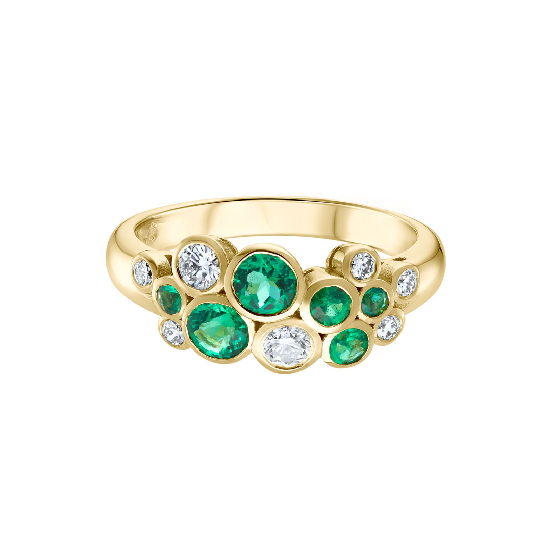 0.76ct Pom Bubble Emerald & 0.41ct Round Brilliant Cut Diamond 18ct Yellow Gold Dress Ring