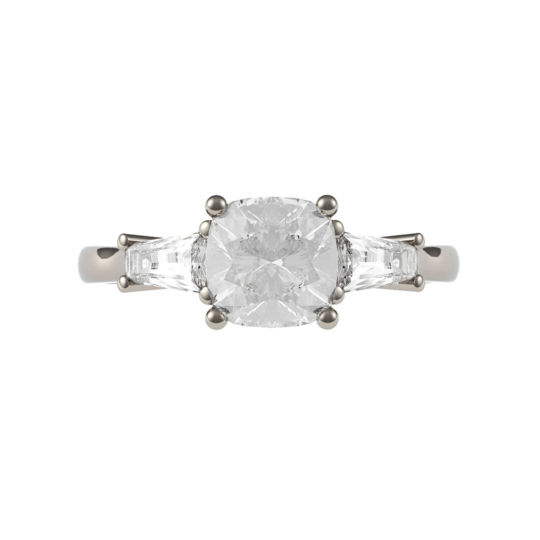 0.80ct Three Stone Cushion Diamond & Tapered Baguette Shoulders Platinum Engagement Ring