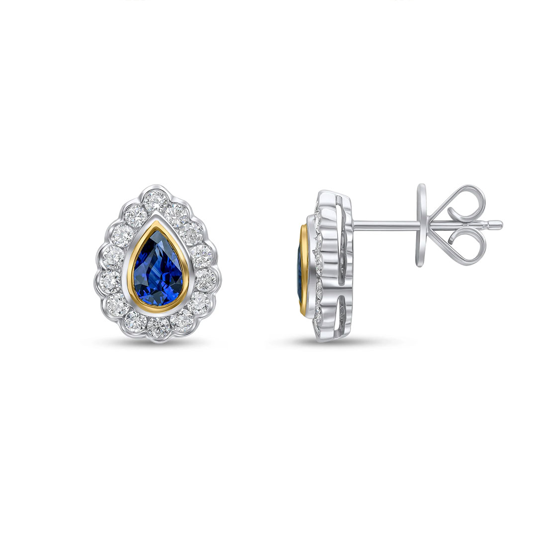 0.85ct Pear Shaped Sapphire & 0.57ct Round Diamond Rubover Scalloped Edge 18ct White & Yellow Gold Stud Earrings