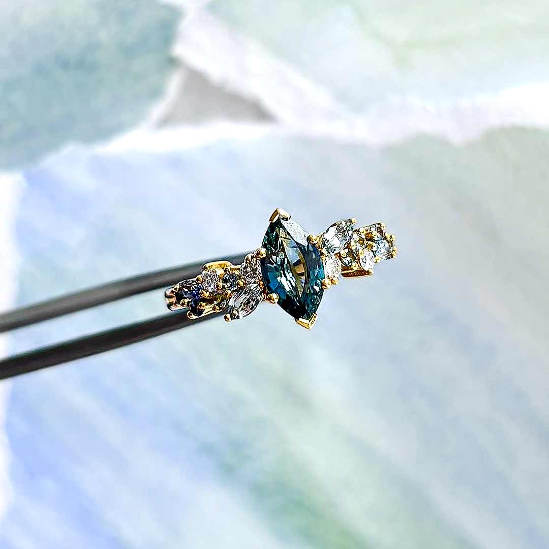0.86ct Marquise Teal Sapphire & Diamond 18ct Yellow Gold Ring