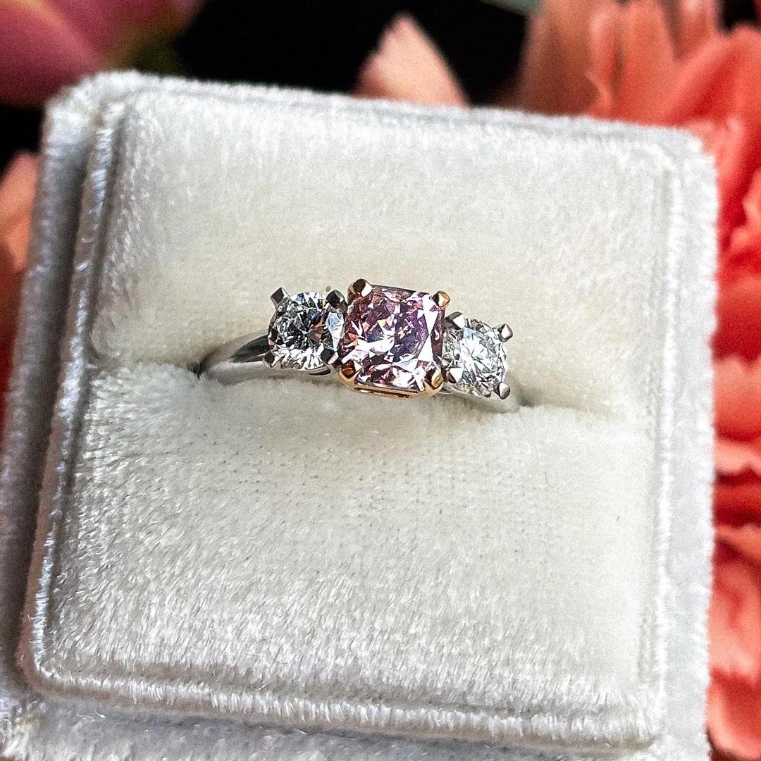 0.88ct Radiant Natural Pink Diamond Three Stone Platinum & 18ct Rose Gold Ring
