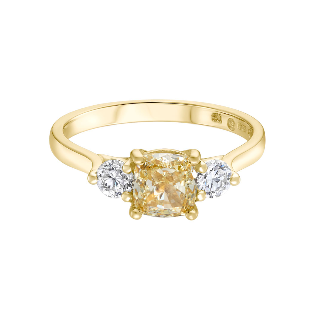 1.00ct Cushion Natural Fancy Light Yellow Diamond & 0.36ct Round Brilliant Diamond 18ct Yellow Gold Ring