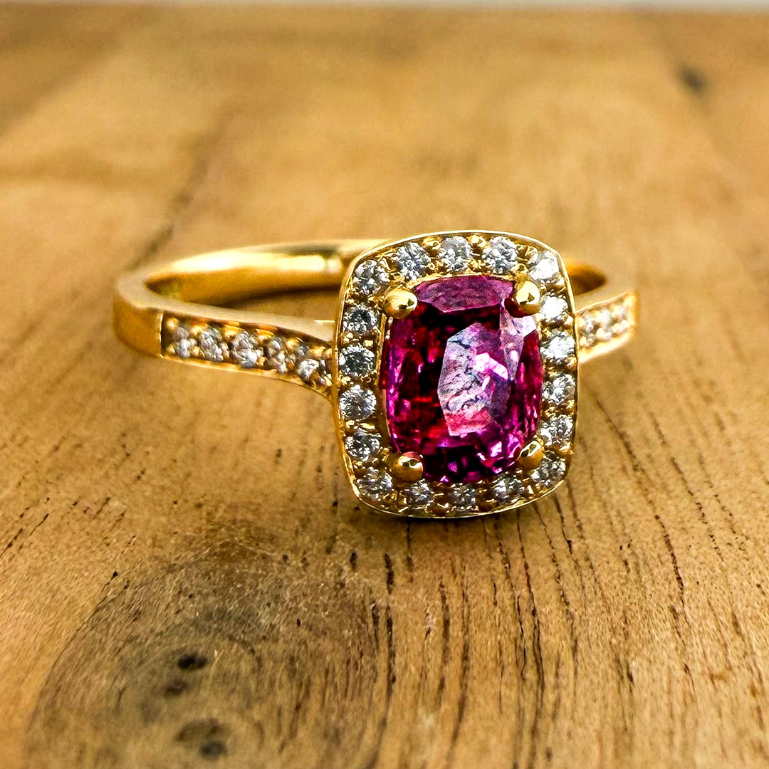 1.03ct Vivid Pink Cushion Cut Sapphire 18ct Yellow Gold Ring