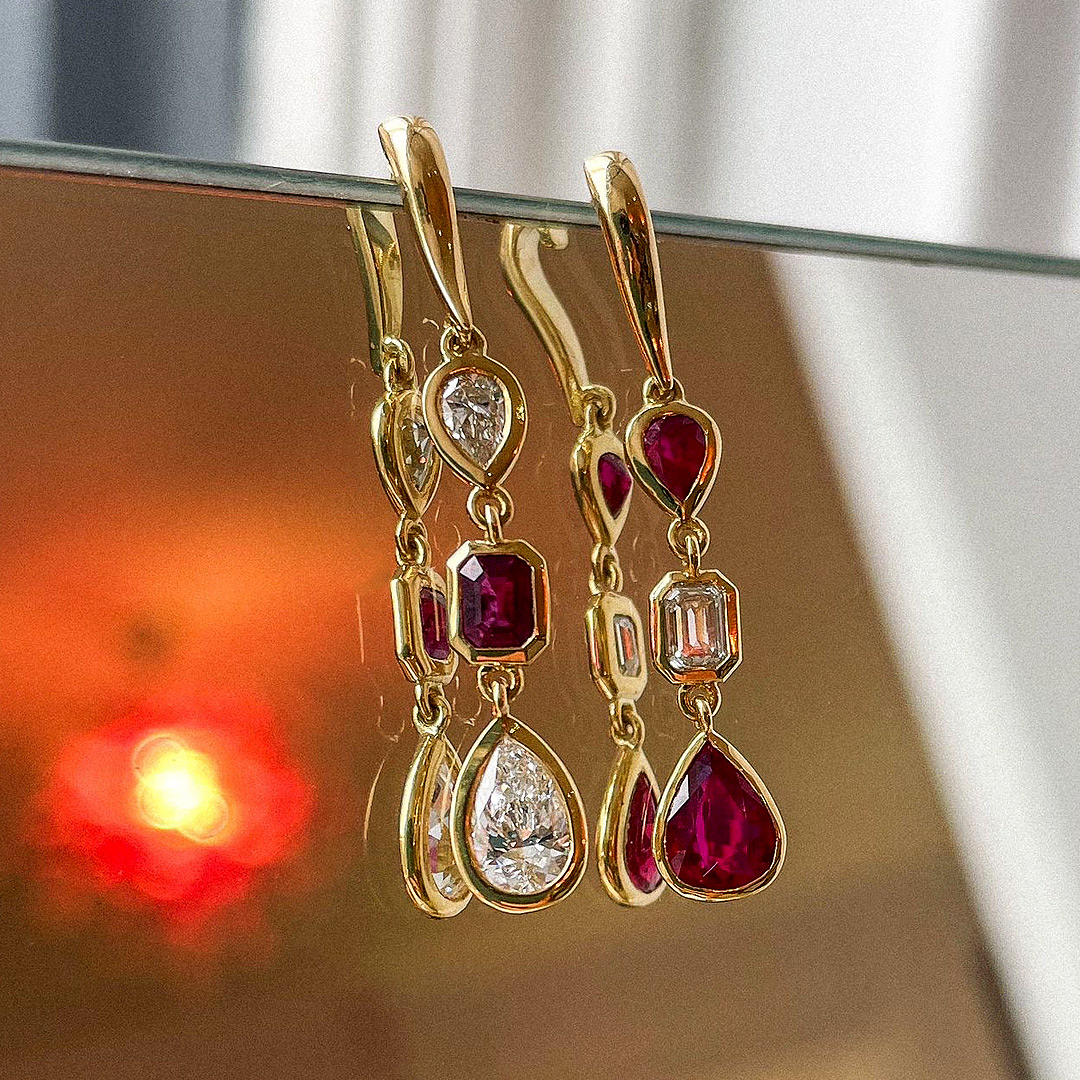 1.15ct Diamond & Ruby Bullet & Emerald 18ct Yellow Gold Drop Earrings