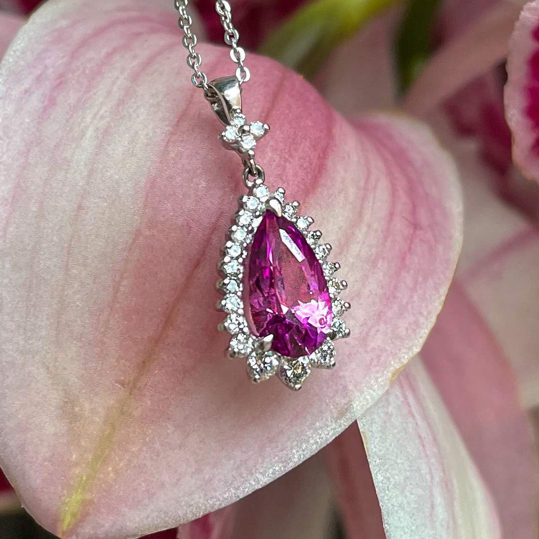 1.25ct Vivid Pink Pear Sapphire & Diamond 18ct White Gold Necklace