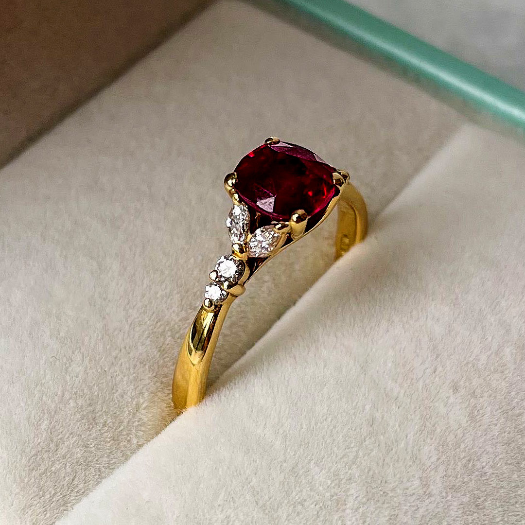 1.35ct Vivid Cushion Ruby 0.22ct Marquise & Round Brilliant Cut Diamonds 18ct Yellow Gold Ring