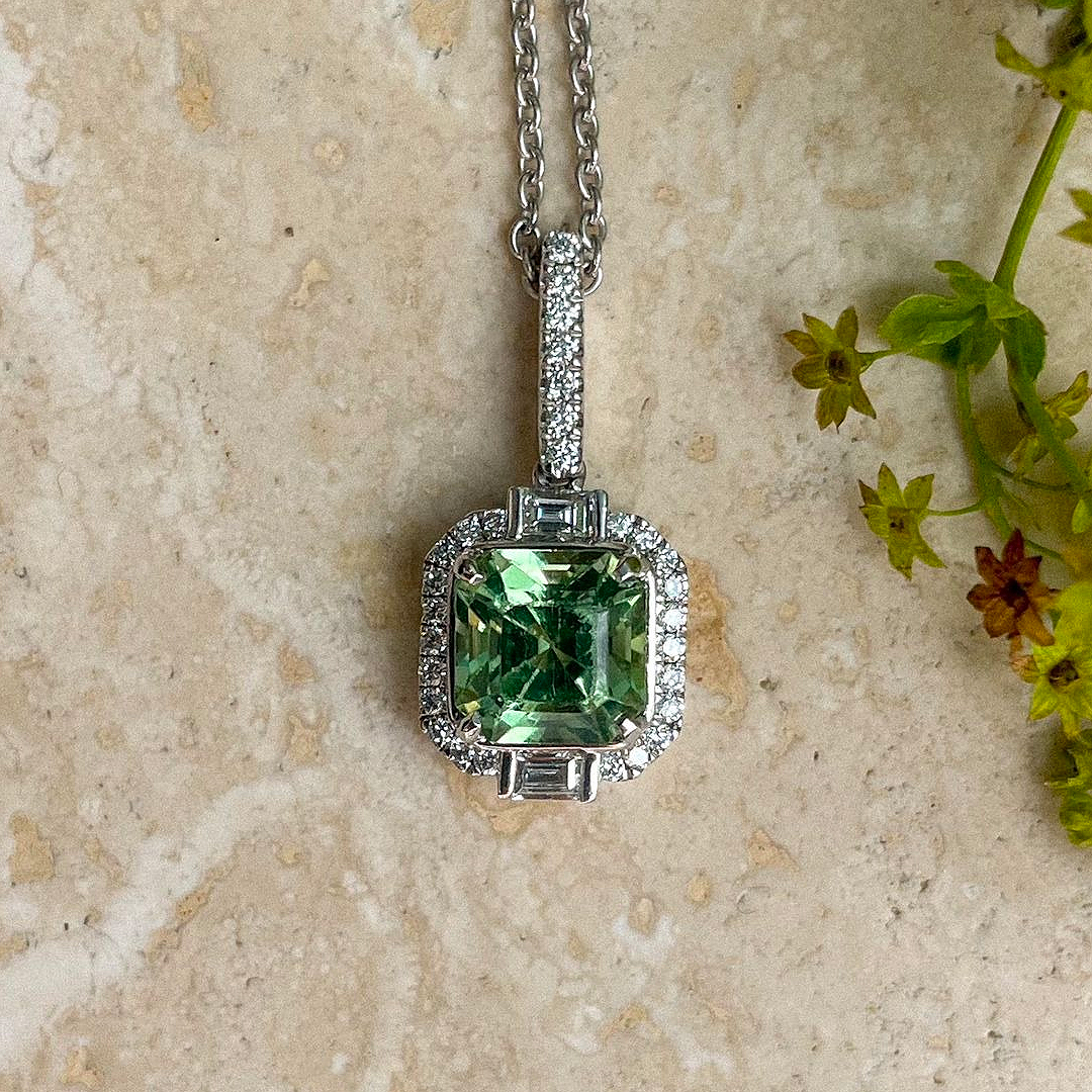 1.49ct Green Tourmaline 0.27ct Round and Baguette Diamond 18ct White Gold Pendant