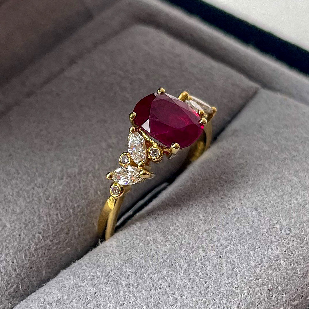 1.53ct Long Cushion Ruby 0.32ct Round Brilliant Cut & Marquise Diamonds 18ct Yellow Gold Ring