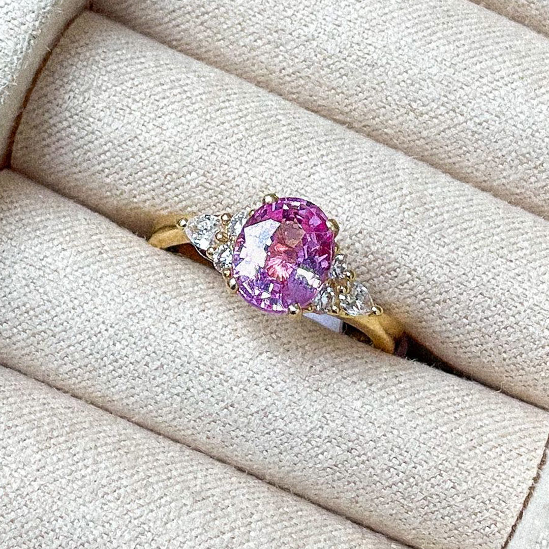 1.60ct Oval Pink Sapphire With 0.24ct Diamond 18ct Yellow Gold Ring