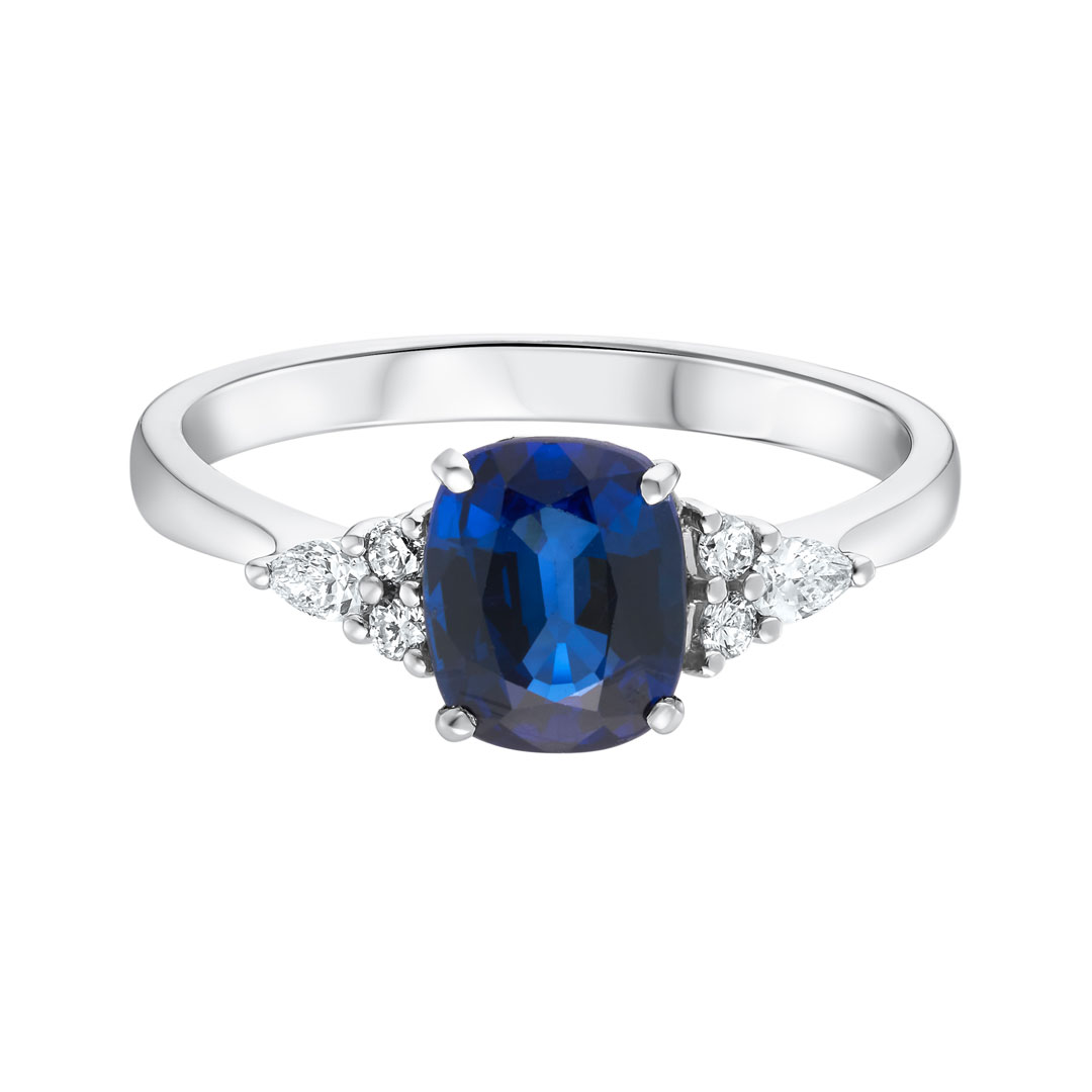 2.04ct Vivid Blue Sapphire Cushion With 0.44ct Bullet Diamond Shoulders Platinum Ring