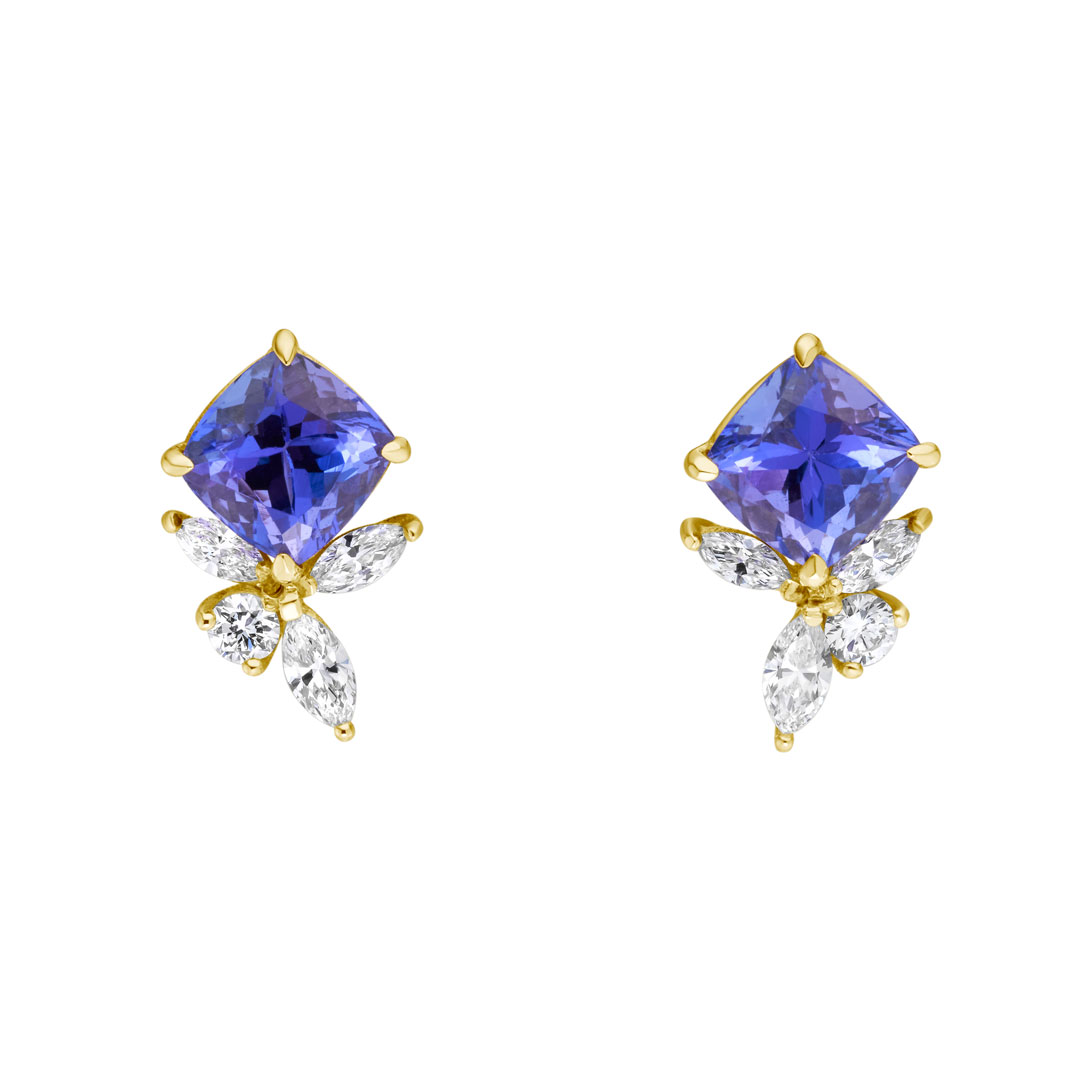 2.06ct Tanzanite Cushion Diamond Stud Earrings