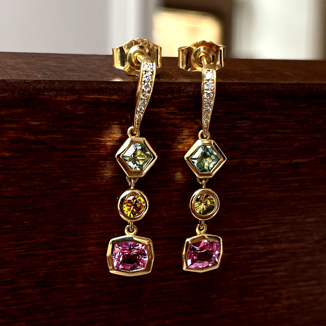 2.06ct Yellow, Green and Pink Sapphire With 0.17ct Diamonds 18ct Yellow Gold Earrings