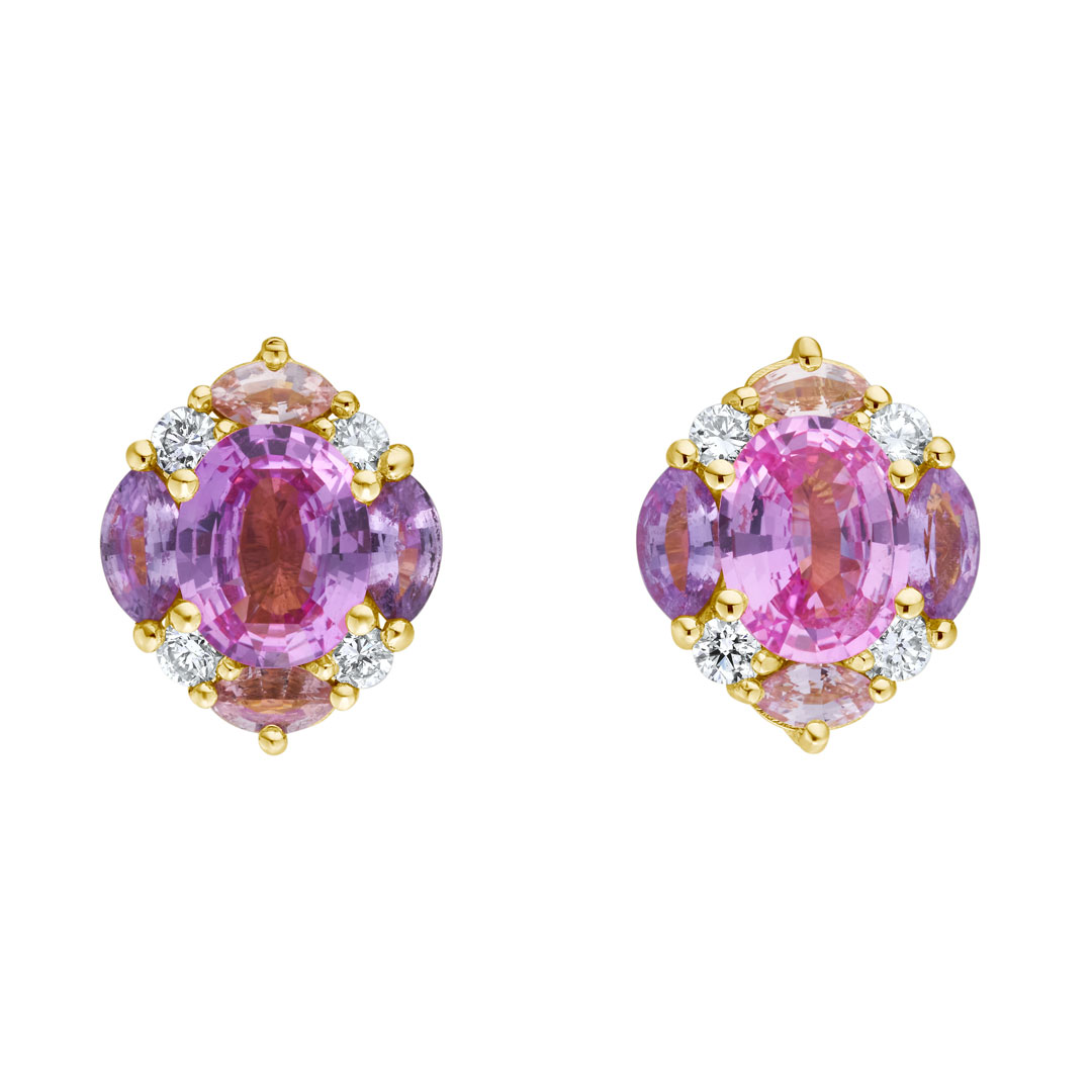 2.21ct No Heat Pink Oval Sapphire & Purple Sapphire Oval & Diamond Cluster 18ct Yellow Gold Earrings