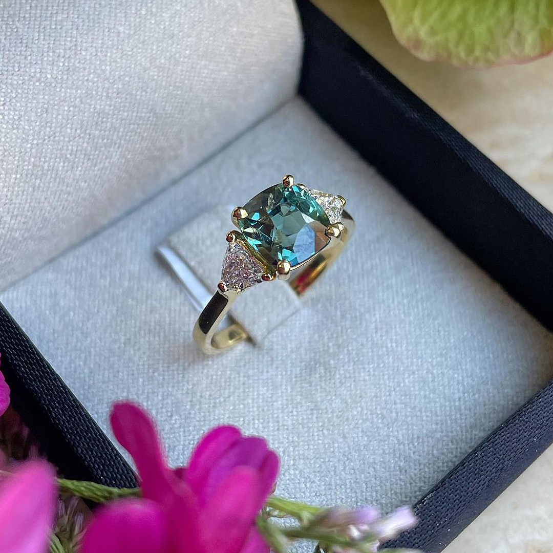 2.54ct Cushion Cut 'Mermaid' Teal Sapphire With 0.55ct Trilliant Diamond Outers 18ct Yellow Gold Ring