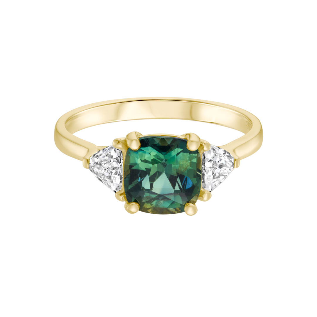 2.54ct Cushion Teal Sapphire With 0.55ct Mermaid Diamonds 18ct Yellow Gold Ring