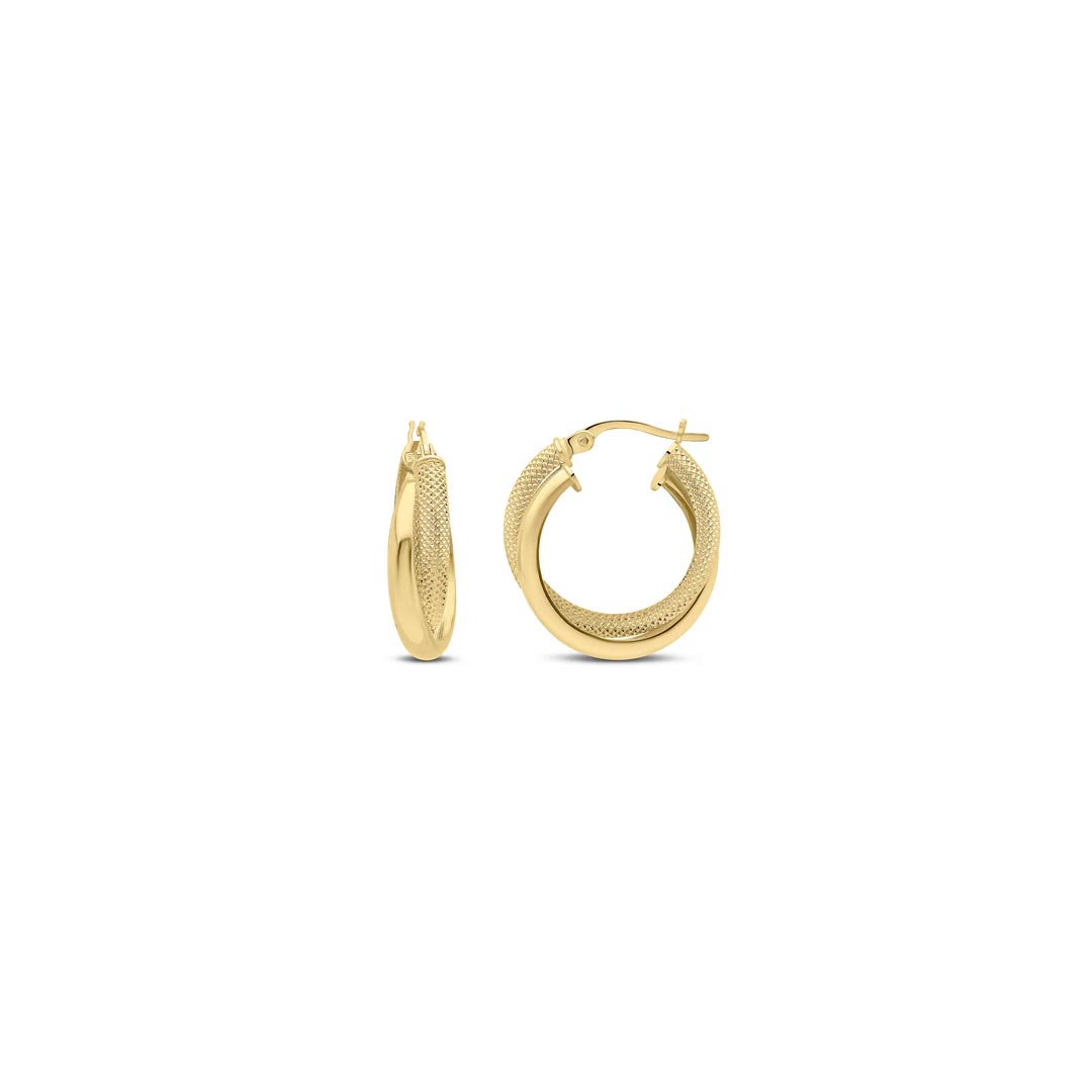 20mm 18ct Yellow Gold Thick Textured & Plain Double Hoop Earrings