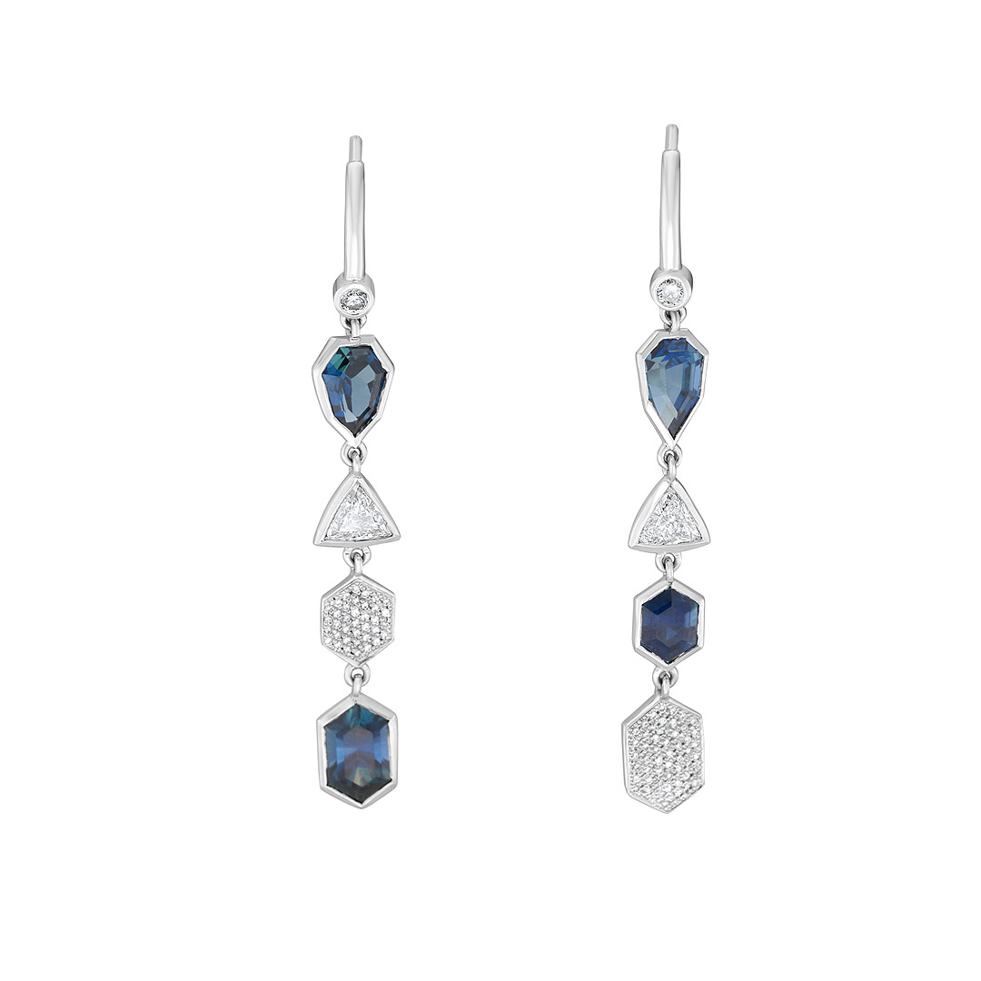 3.14ct Hexagon And Bullet Sapphire, 0.81ct Trilliant And Round Diamonds 18ct white gold Earrings