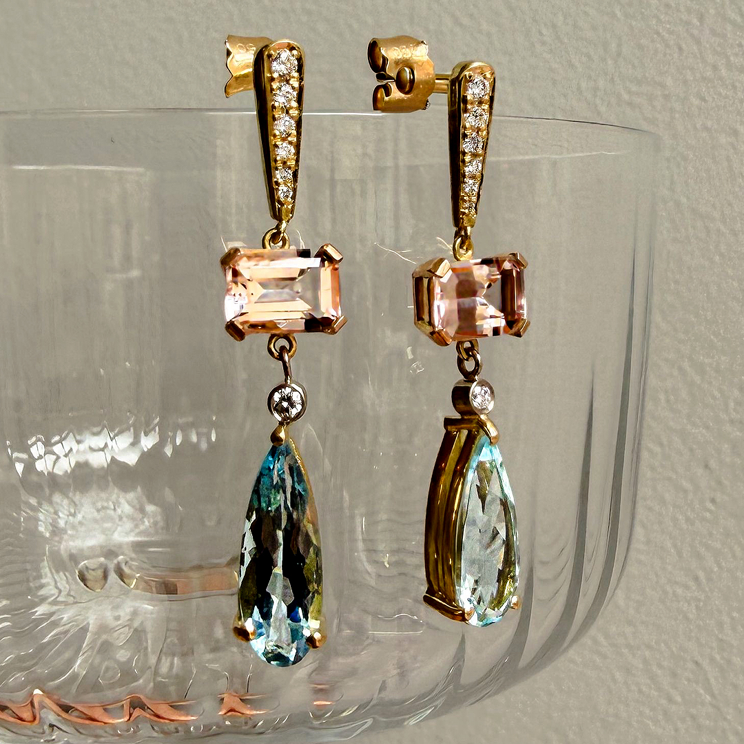 3.41ct Aquamarine, Morganite & Diamond 18ct Yellow & Rose Gold Earrings