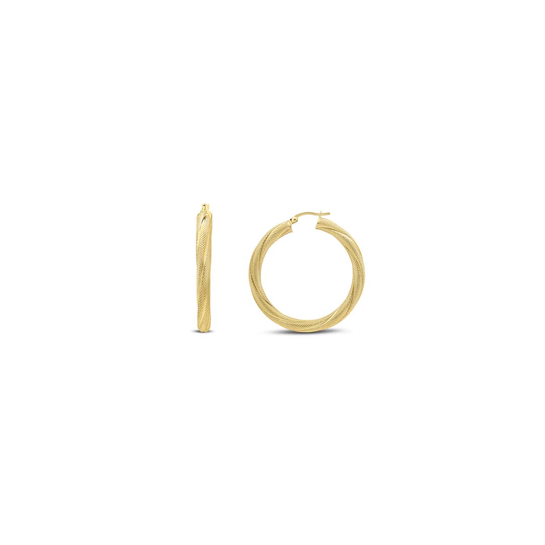 38mm 18ct Yellow Gold Thick Textured Twist Round Hoop Earrings