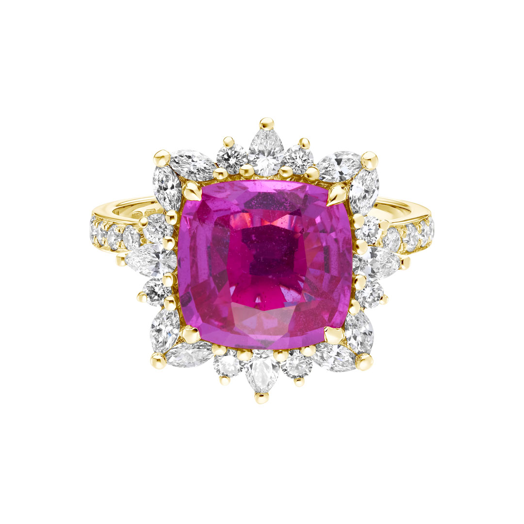 4.13ct Hot Pink Cushion Sapphire With 0.53ct Marquise & Pear Diamond Halo 18ct Yellow Gold Ring