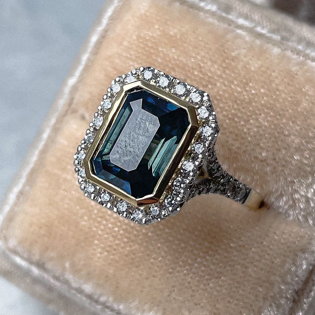 4.14ct Emerald Cut Teal Sapphire & Diamond 18ct Yellow Gold & Platinum Ring