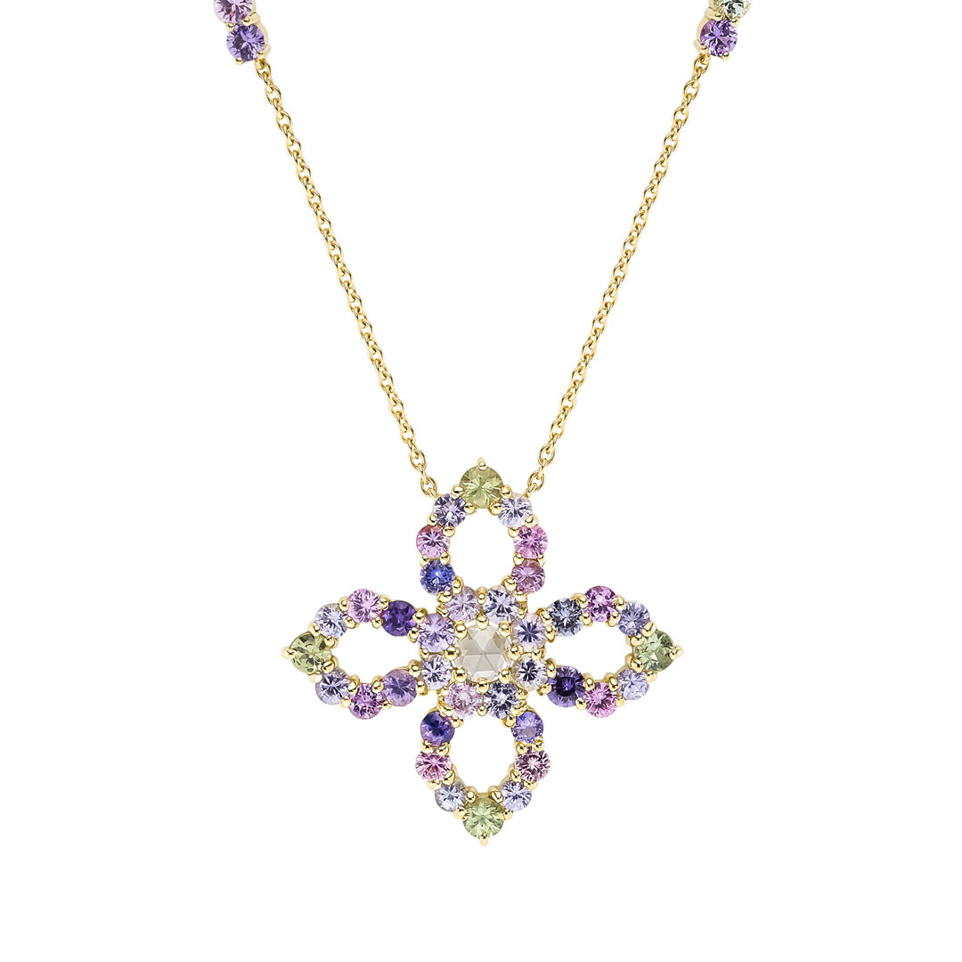 5.92ct Multicolour Sapphire & 0.29ct Rose Cut Diamond Flower Quattrofoil Pendant