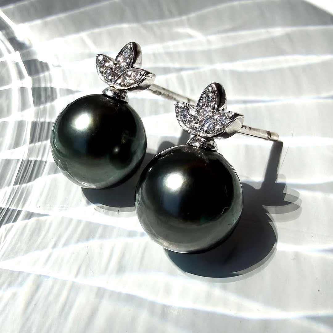 8-8.50mm Black Tahitian Pearl With Diamonds 14ct White Gold Earrings