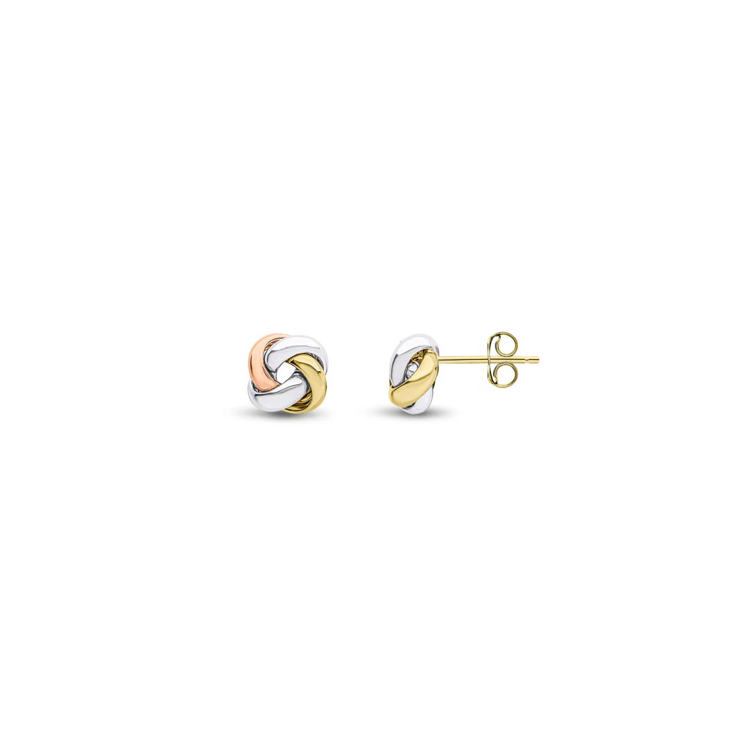 8mm 18ct Three Tone, Yellow, White & Rose Gold Polished Four Strand Knot Stud Earrings