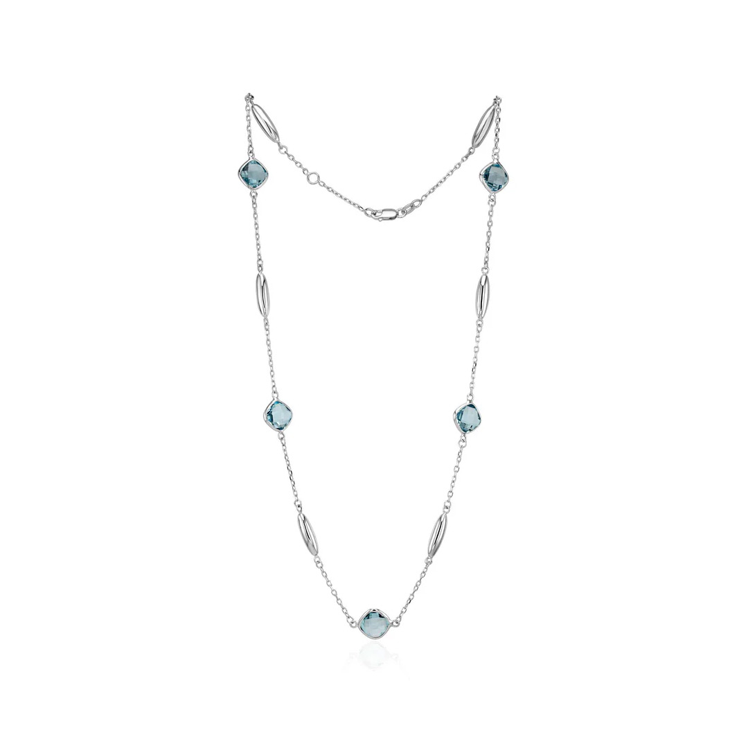 9ct White Gold Bar & 8mm Swiss Blue Topaz Cushion Necklace