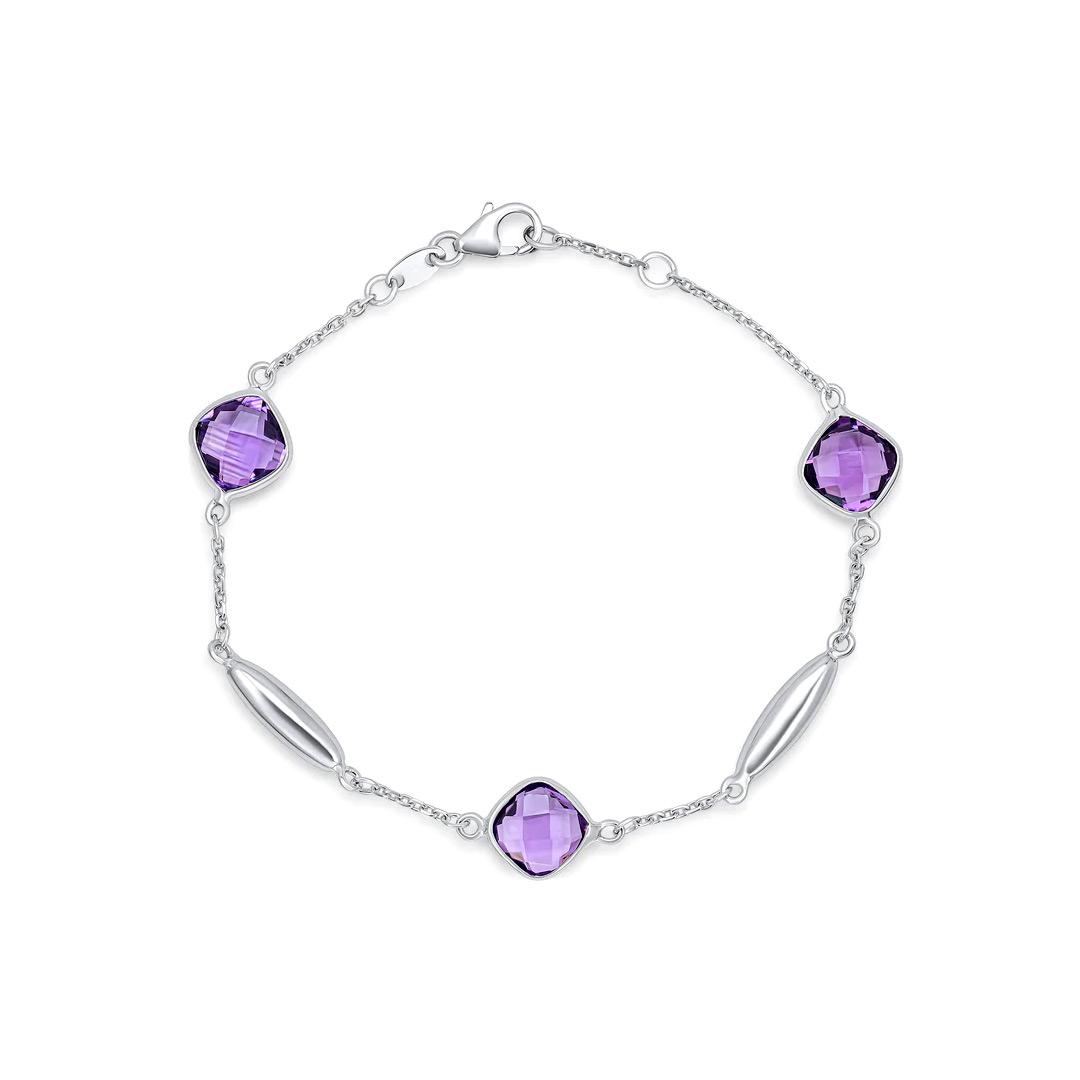 9ct White Gold Checkerboard Cushion Amethyst & Polished Torpedo Motif Chain Bracelet