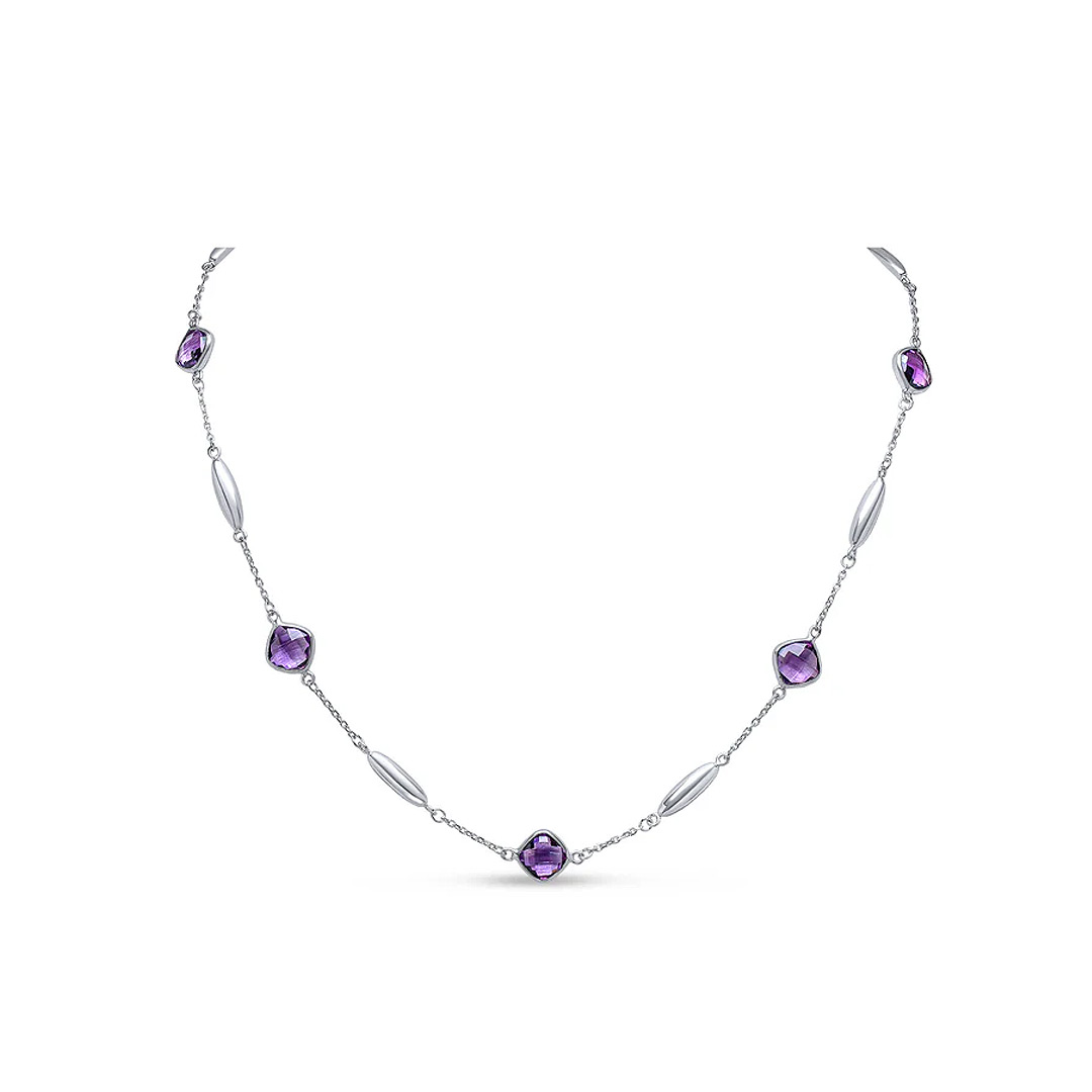 9ct White Gold Checkerboard Cushion Amethyst & Polished Torpedo Motif Chain Necklace