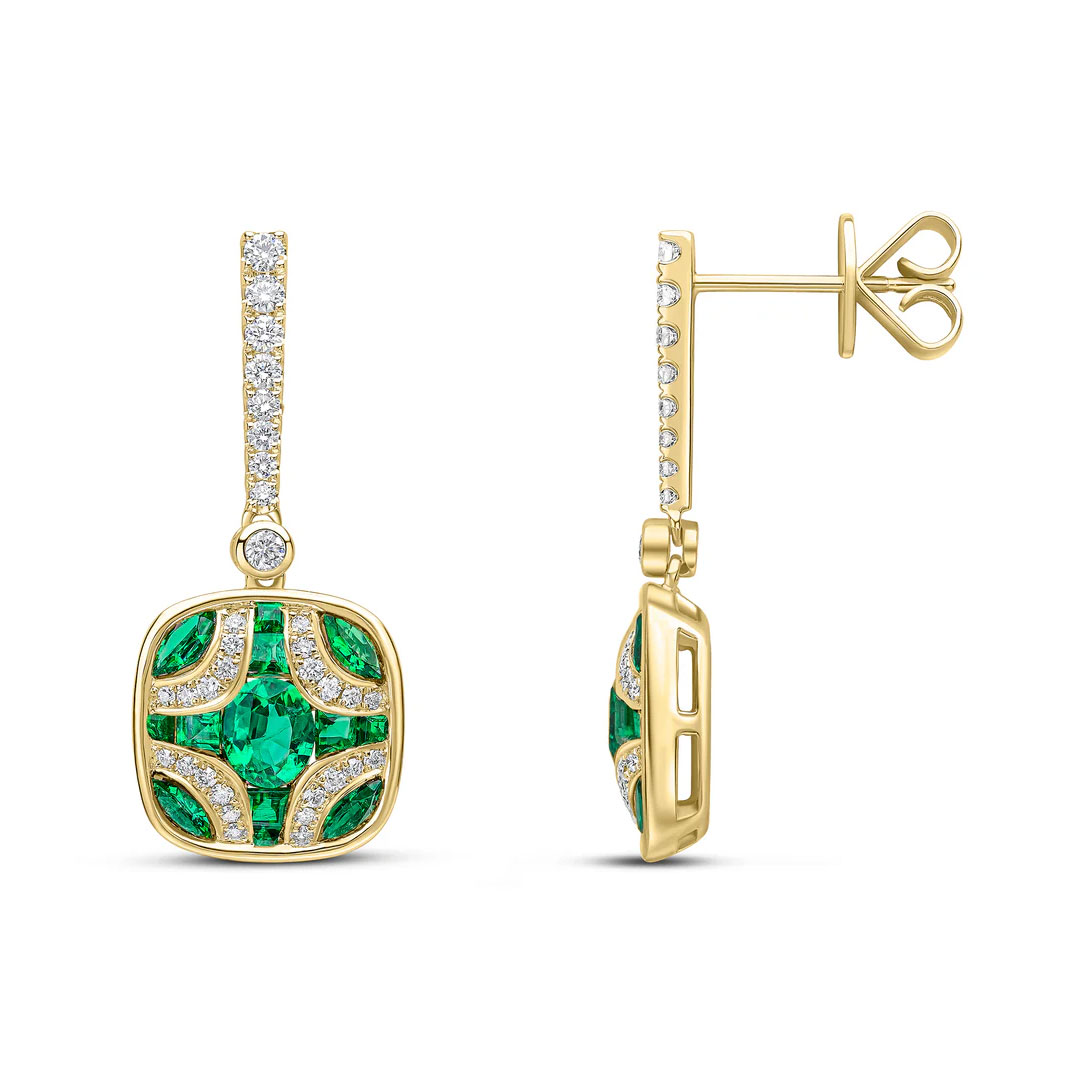 Emerald & Diamond Shield & Diamond Line Top Drop 18ct Yellow Gold Earrings