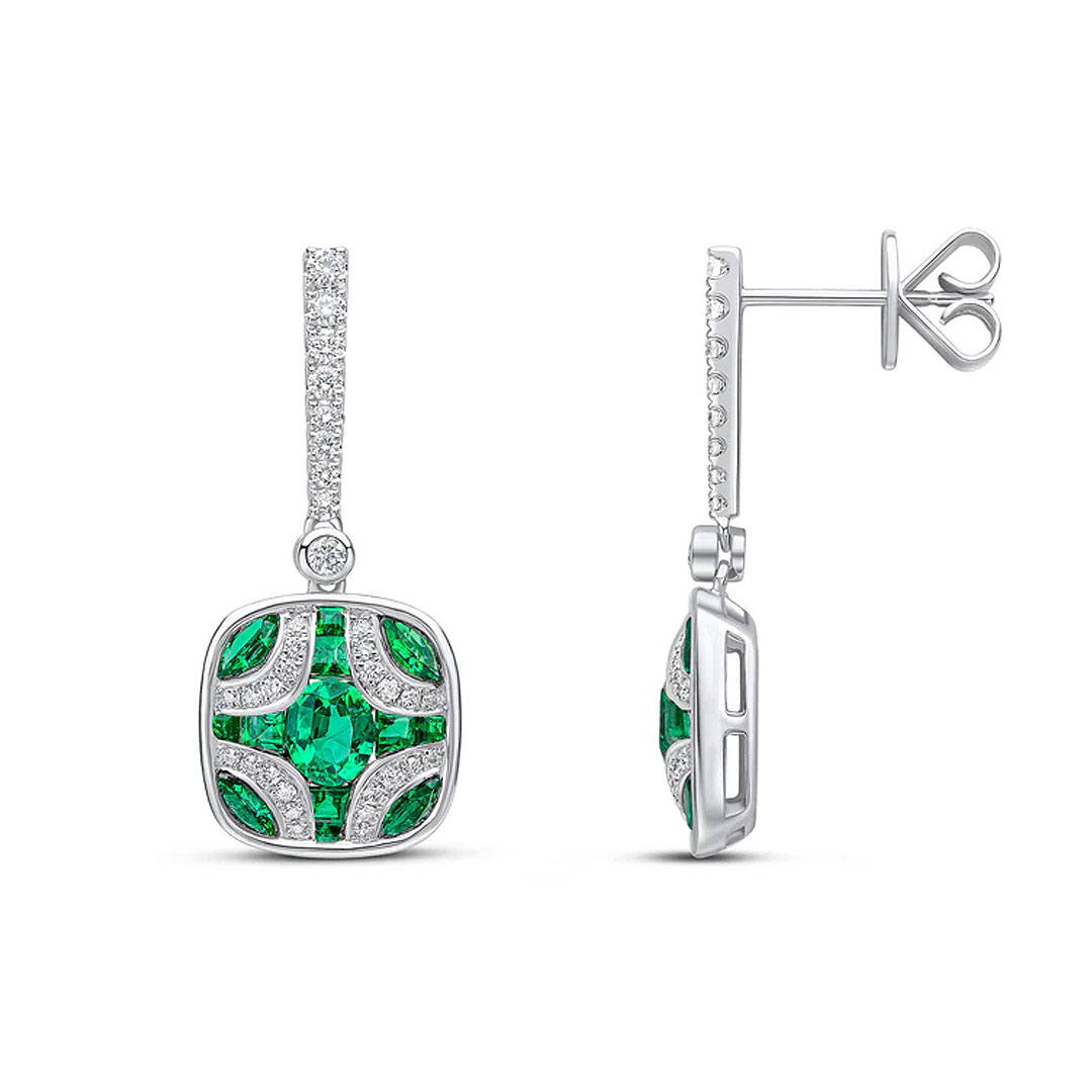 Emerald & Diamond Shield & Diamond Line Top Drop 18ct White Gold Earrings