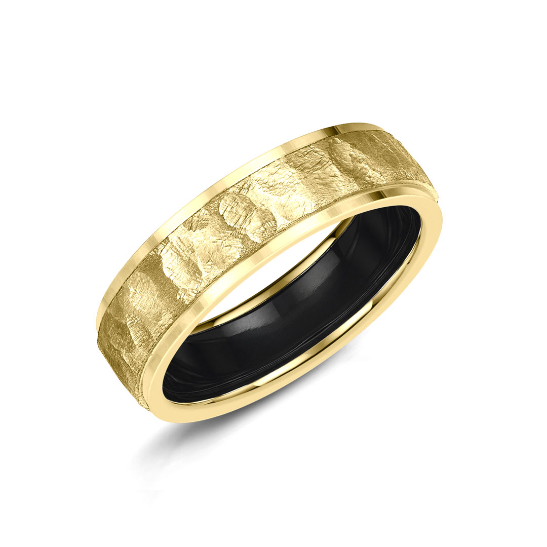 Hammered Finish Zirconium 18ct Yellow Gold Wedding Ring