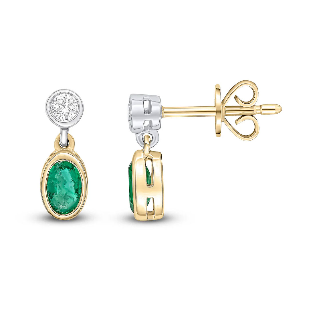 Oval Emerald & Round Diamond Two Stone 18ct Yellow Gold Earrings