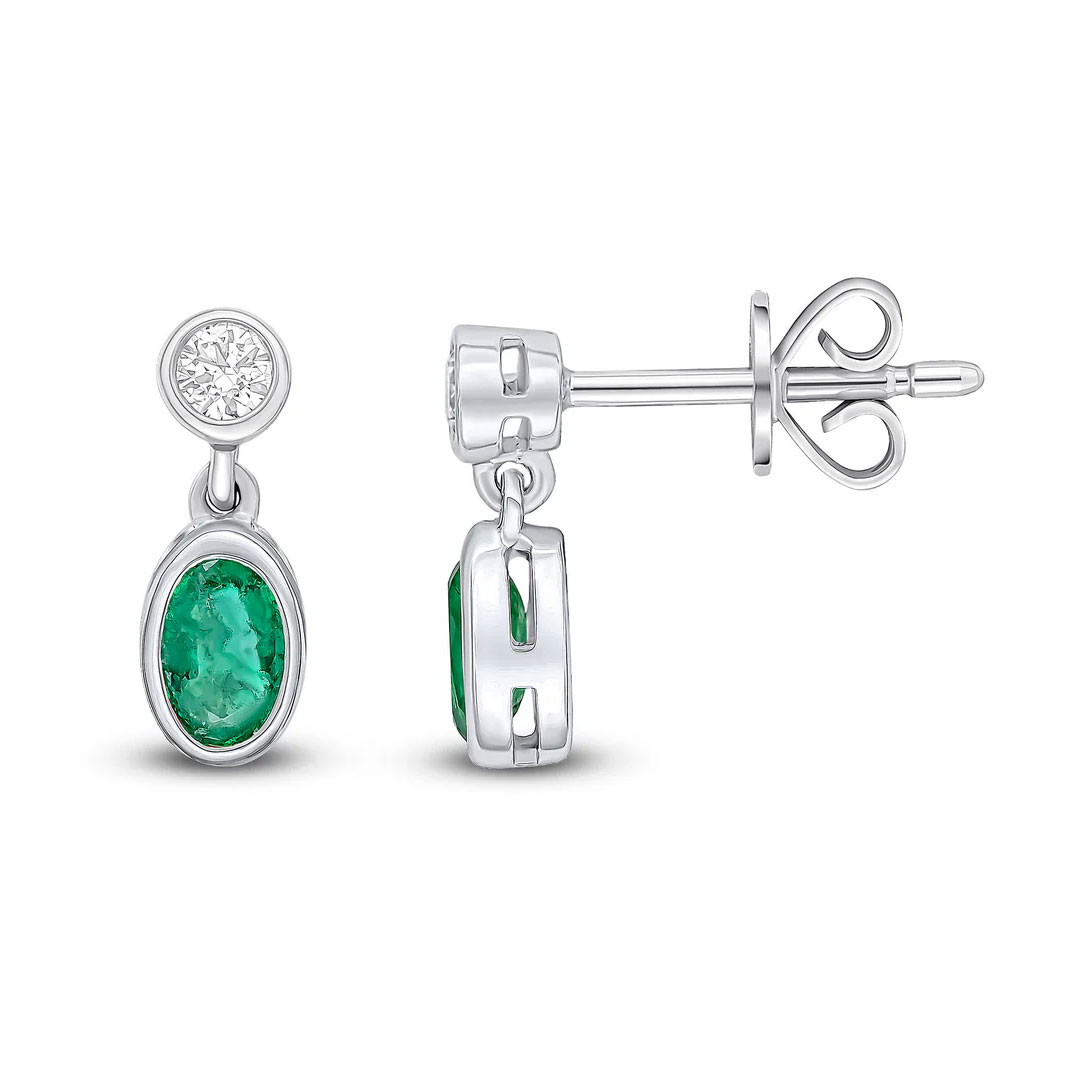 Oval Emerald & Round Diamond Two Stone 18ct White Gold Earrings